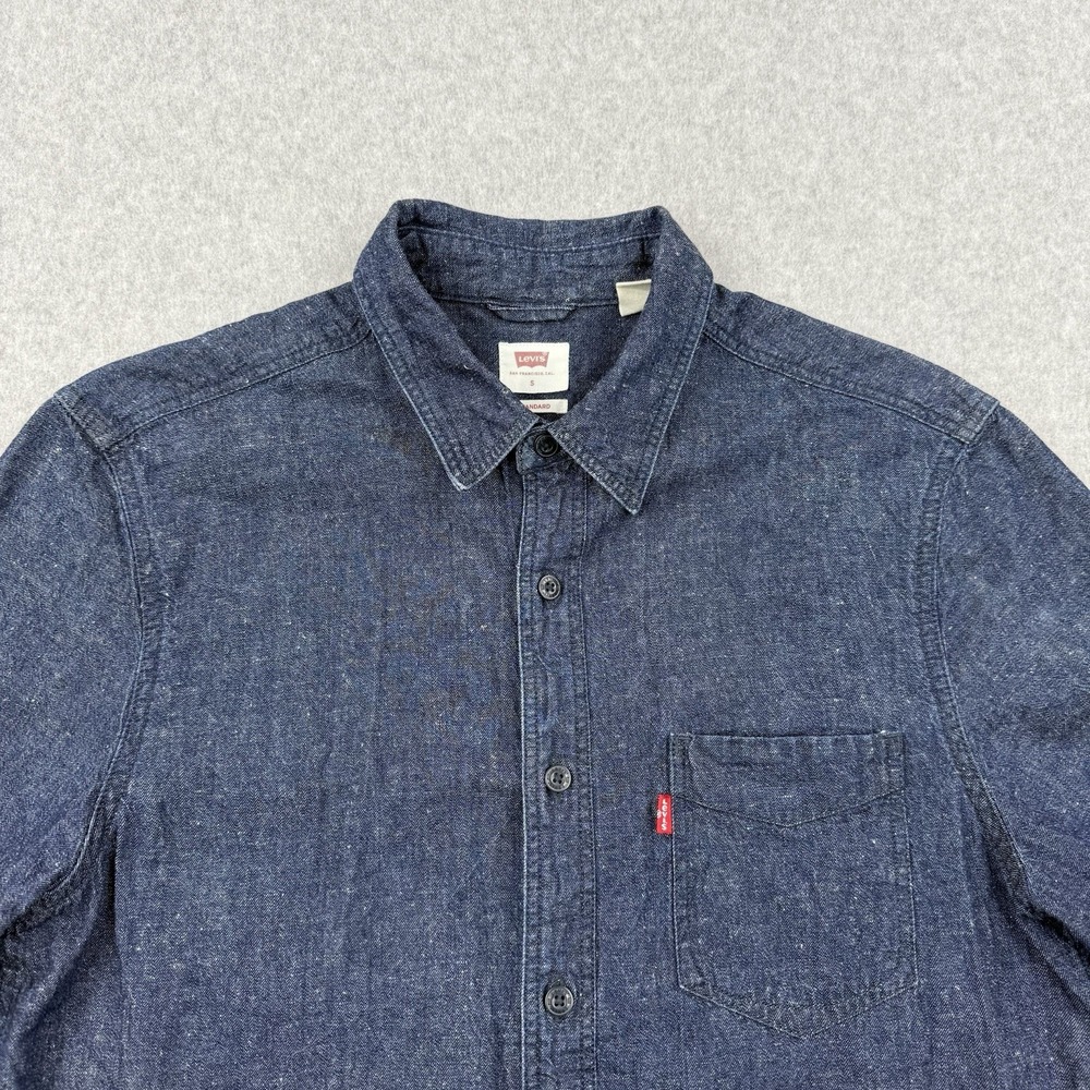 Levis Shirt Mens Small Blue Denim Hemp Blend Button Up Short Sleeve Casual - Picture 2 of 10